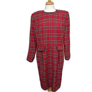 Vintage 80s Talbots Red Plaid Midi Dress - Women 16 - Winter Academia